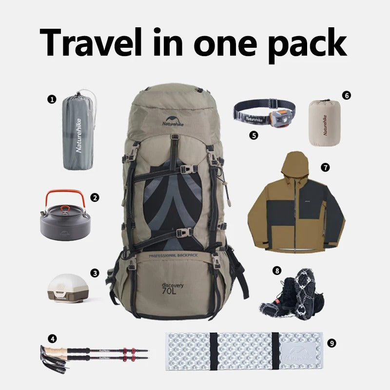 Naturehike 70L + 5L Hiking Backpack with Rain Cover Large Capacity