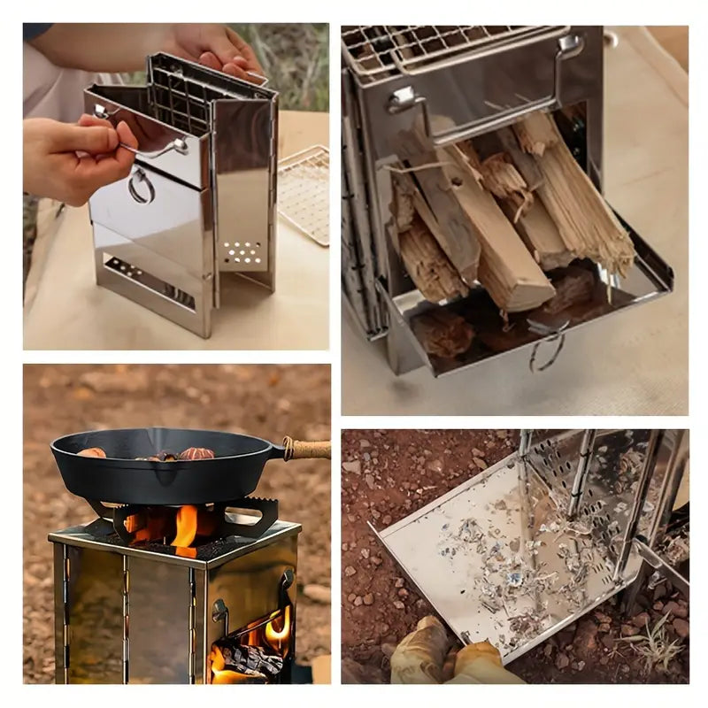 Stainless Portable Folding Firewood Stove + Grill