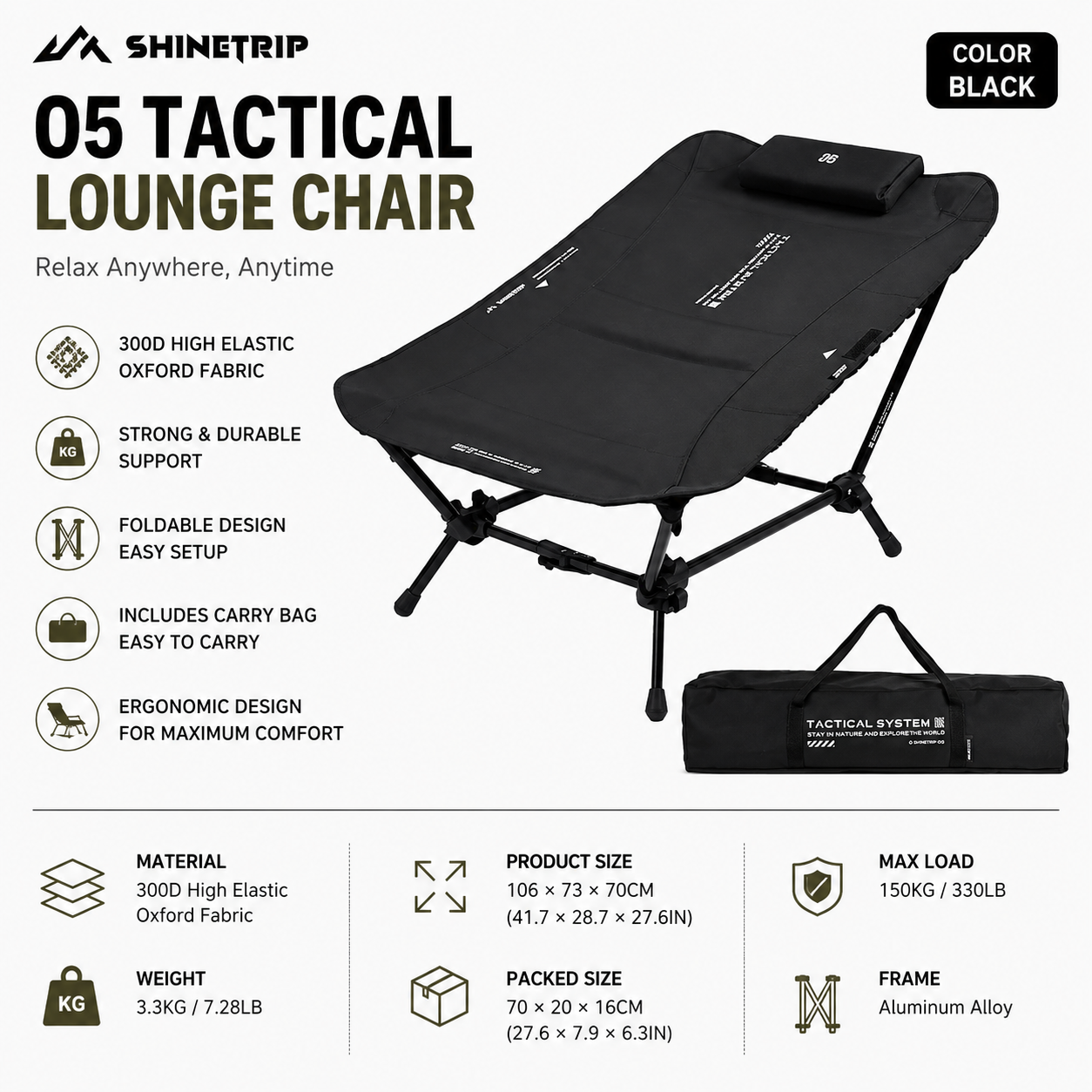 ShineTrip Full Flat Camping Recliner Foldable Aluminum Rest Chair