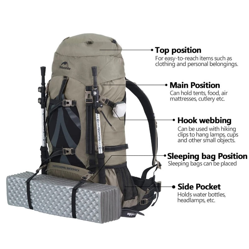 Naturehike 70L + 5L Hiking Backpack with Rain Cover Large Capacity