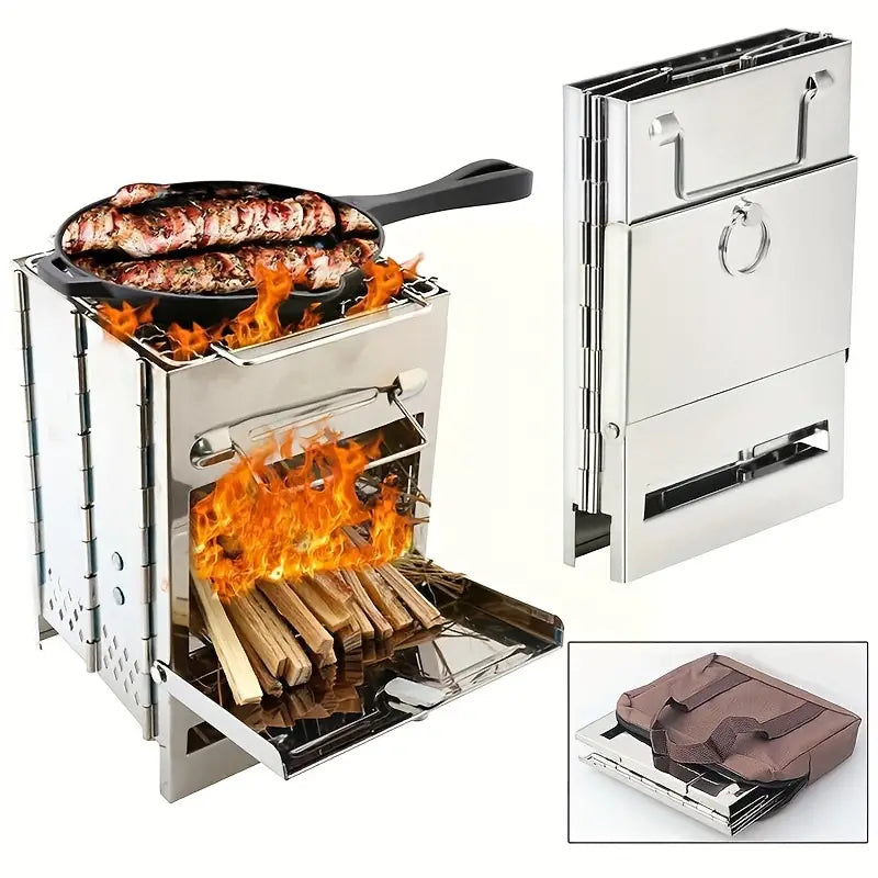Stainless Portable Folding Firewood Stove + Grill