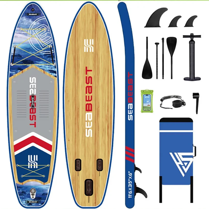 Seabeast SUP board with accessories on a green background