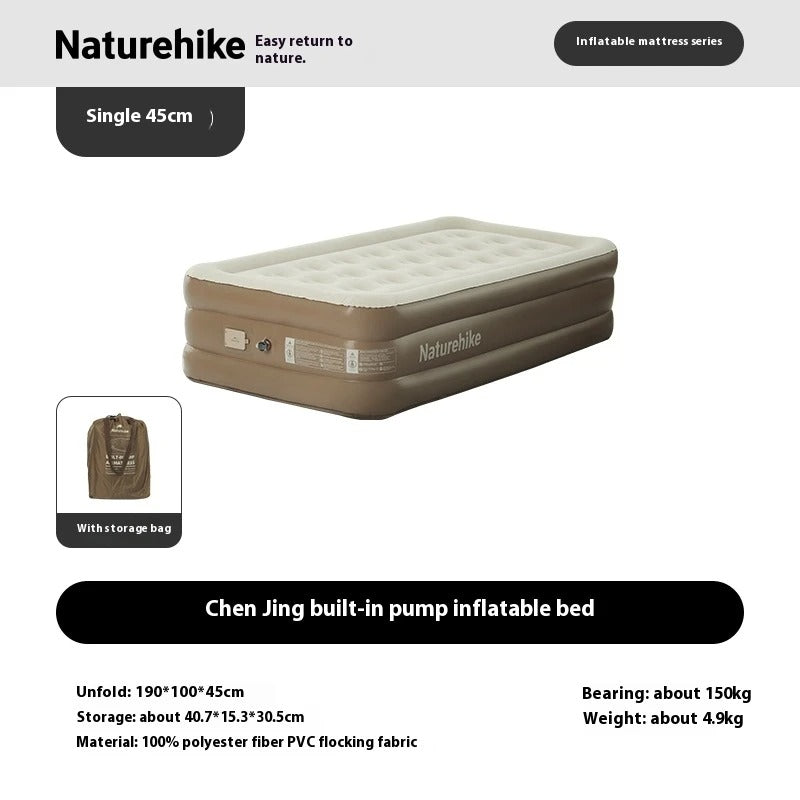An inflatable mattress shown on a white background with product text, a small inset of the mattress with a storage bag, and specifications. The product is labeled Naturehike.