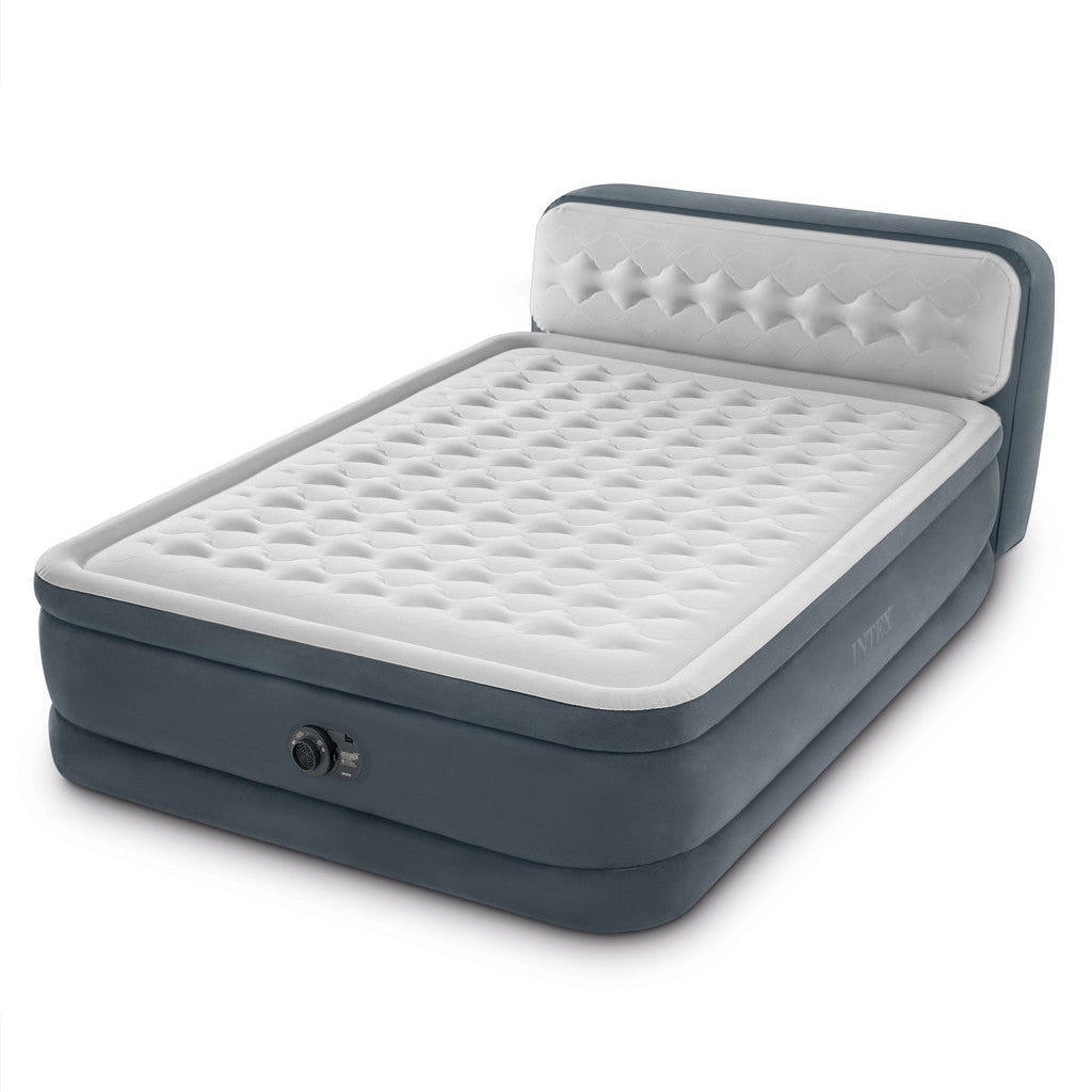 Inflatable air mattress with gray frame and white interior on a white background