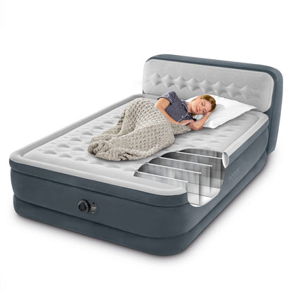 INTEX Dura-Beam Deluxe Ultra Plush Air Mattress with Headboard – Queen Size – Built-in Electric Pump