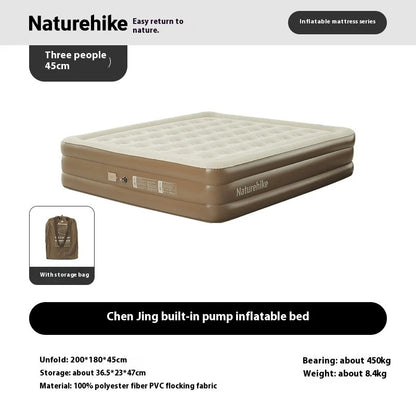 Naturehike inflatable mattress shown on a white background with product information text, a small inset of a storage bag, and dimensions/weight details. The mattress is tan and beige with a quilted top surface.
