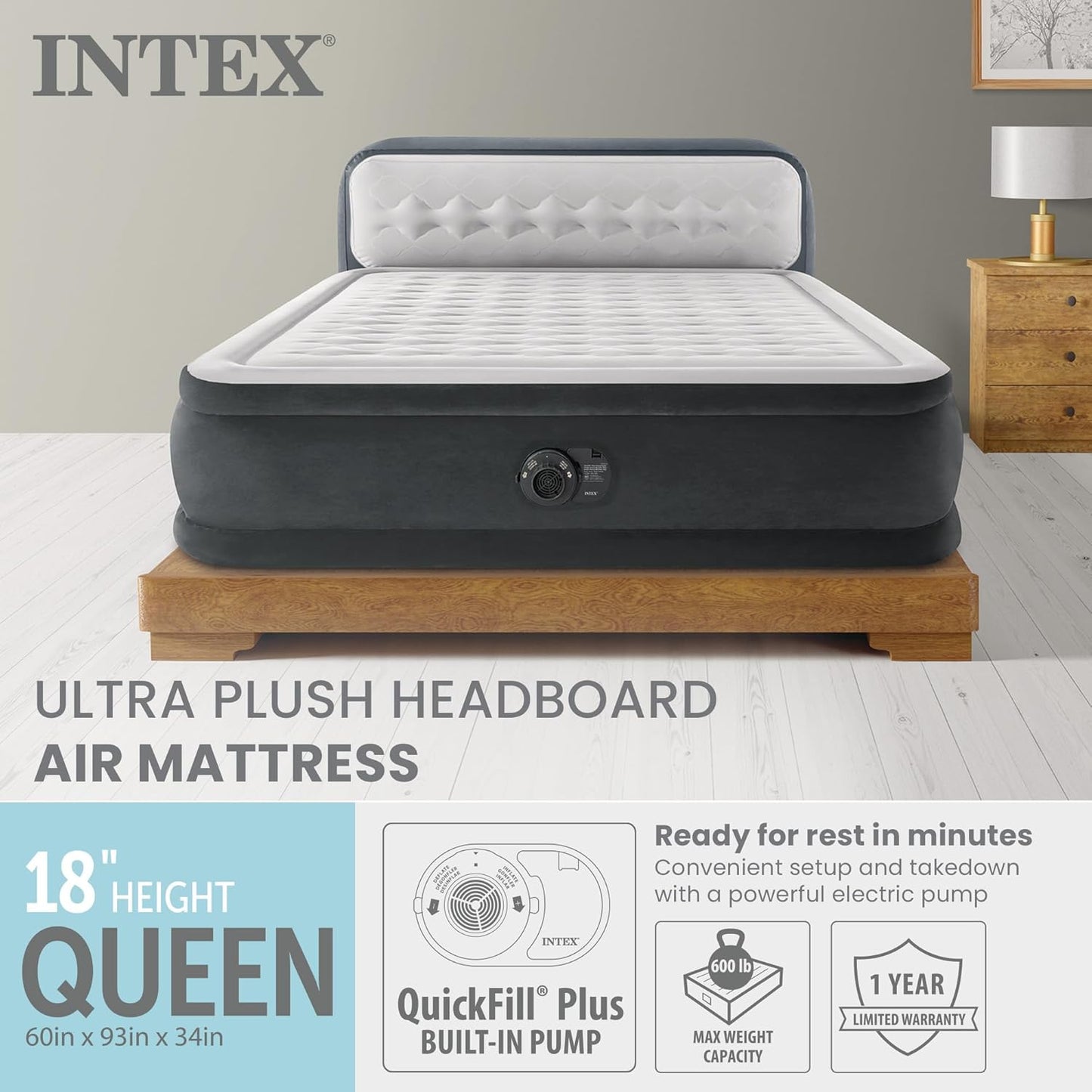 INTEX Dura-Beam Deluxe Ultra Plush Air Mattress with Headboard – Queen Size – Built-in Electric Pump