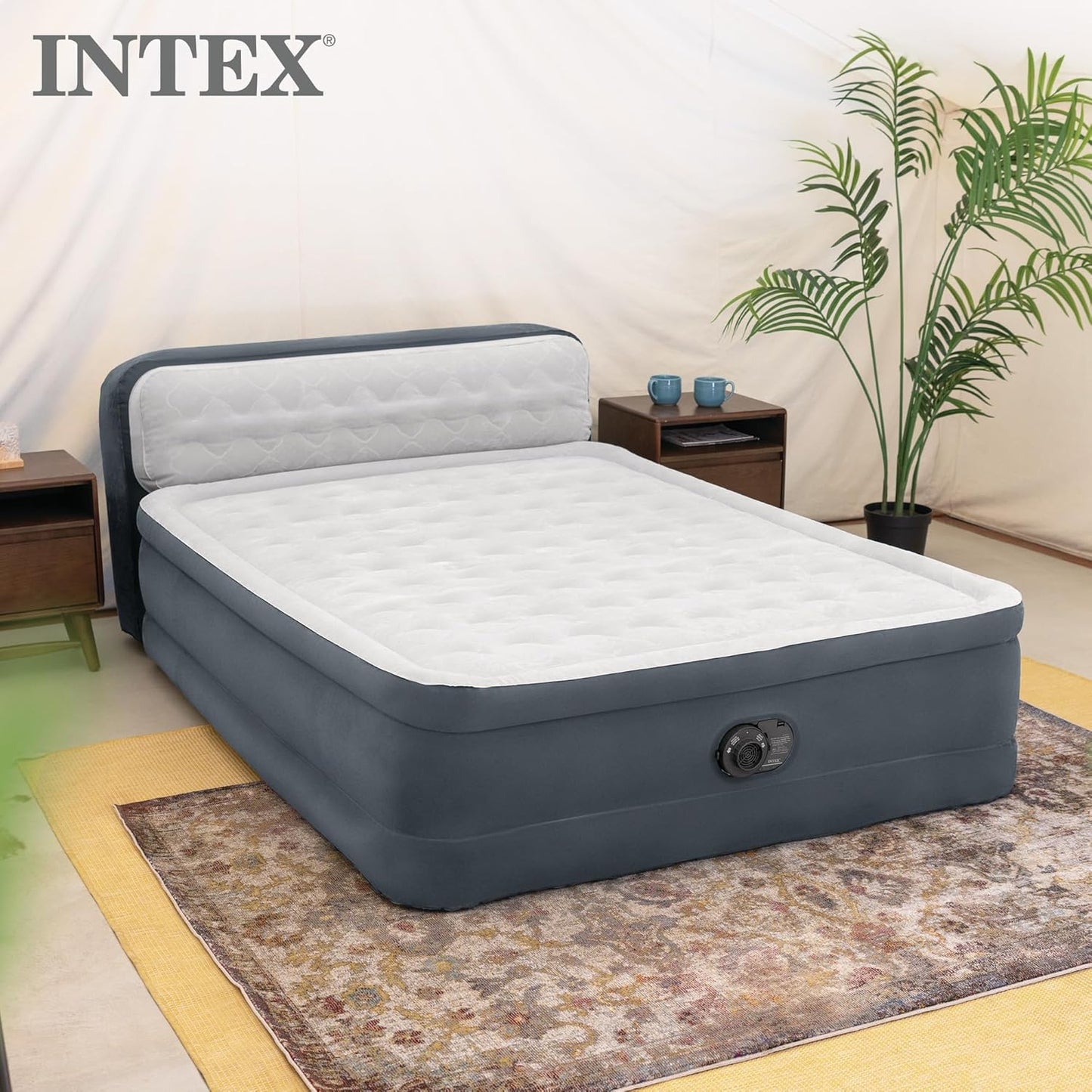 INTEX Dura-Beam Deluxe Ultra Plush Air Mattress with Headboard – Queen Size – Built-in Electric Pump