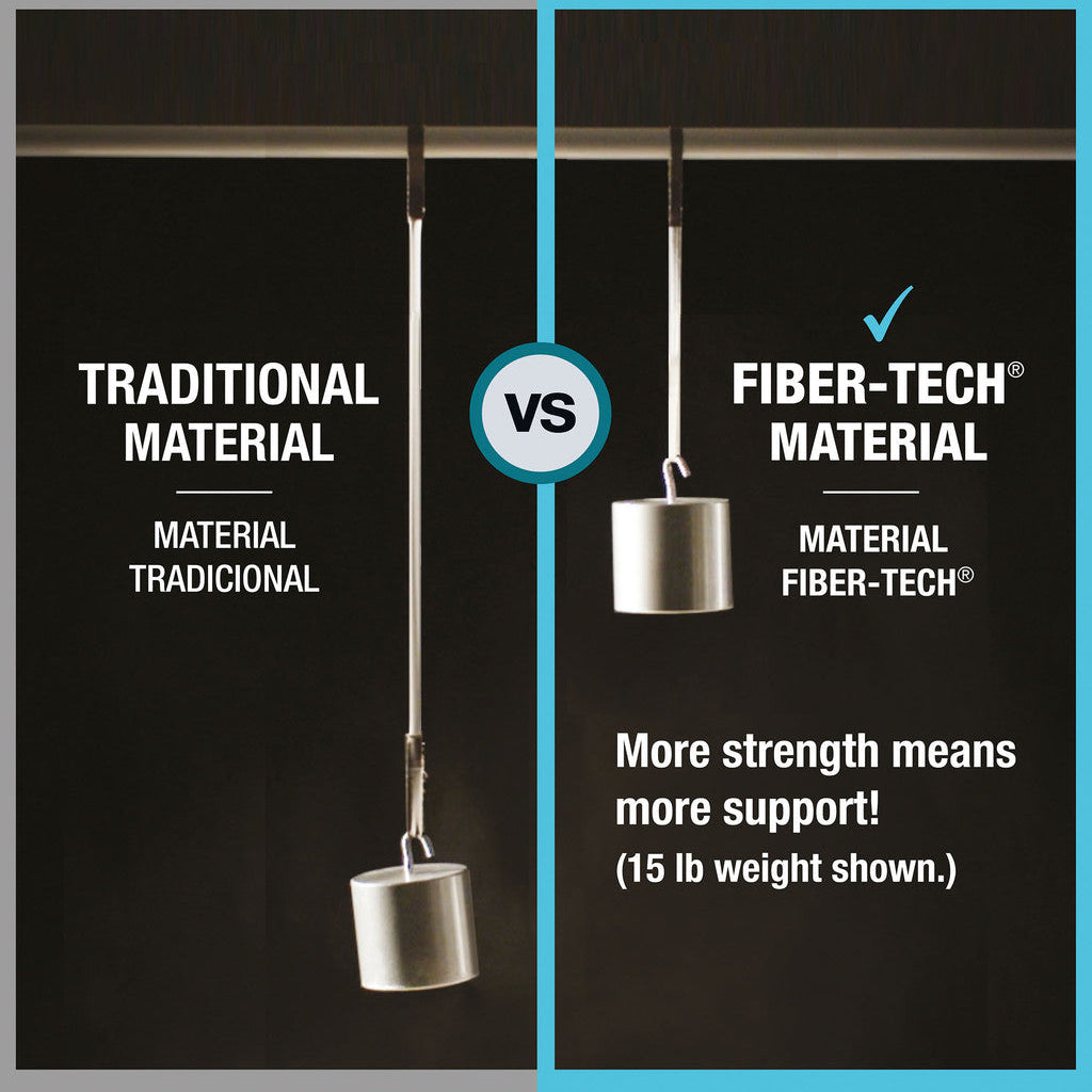 Comparison between traditional and Fiber-Tech material hanging weights on a black and blue background.