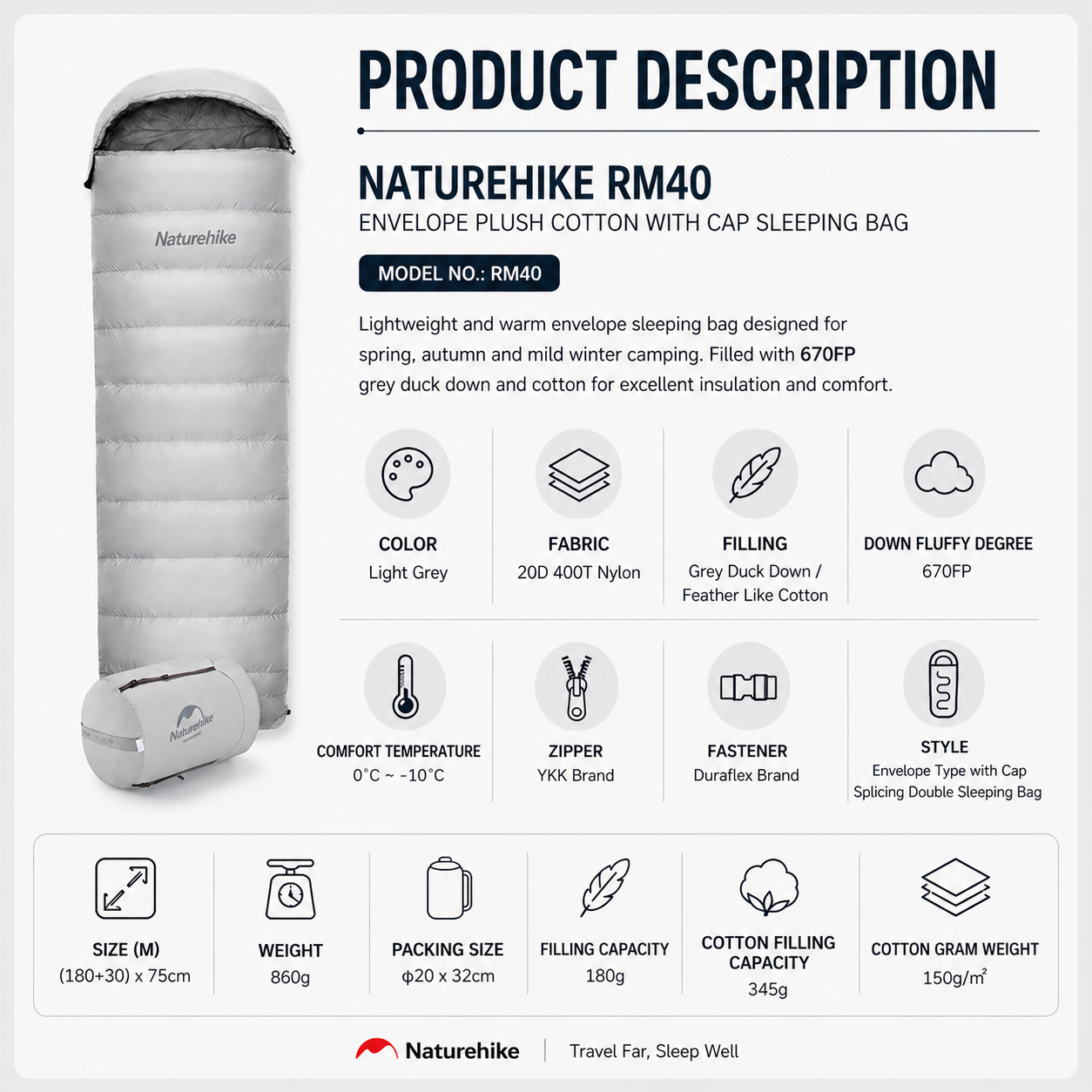 Naturehike UltraLight Duck Down Warm Envelope Hooded Cotton Sleeping Bag RM40