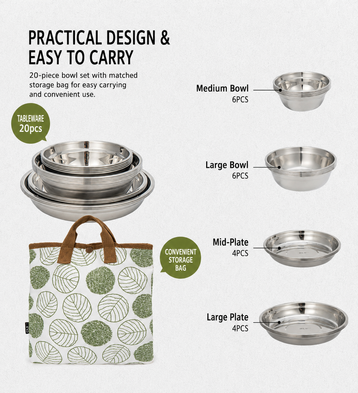 Cls Outdoor 304 Stainless Steel Tableware 20-Piece Set