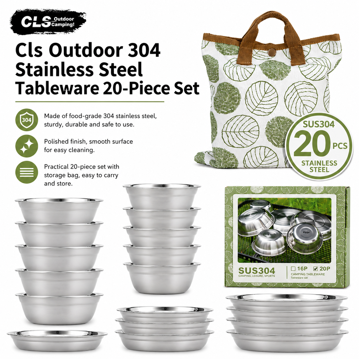 Cls Outdoor 304 Stainless Steel Tableware 20-Piece Set