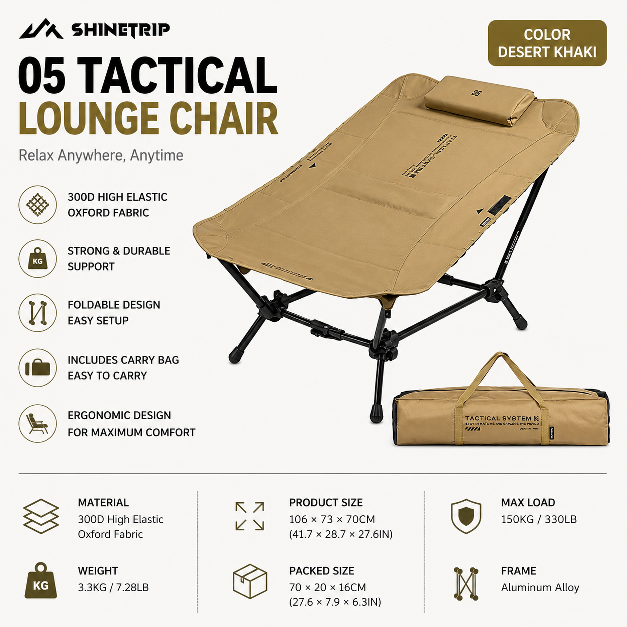 ShineTrip Full Flat Camping Recliner Foldable Aluminum Rest Chair