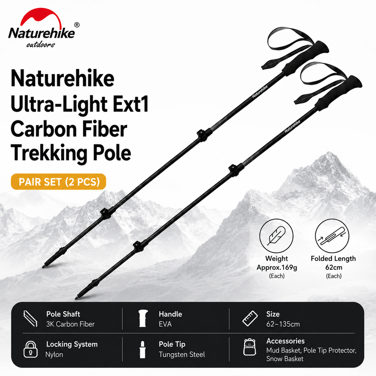 Naturehike 2Pcs Ultra-Light Hoar Trek Carbon Fiber Trekking Poles