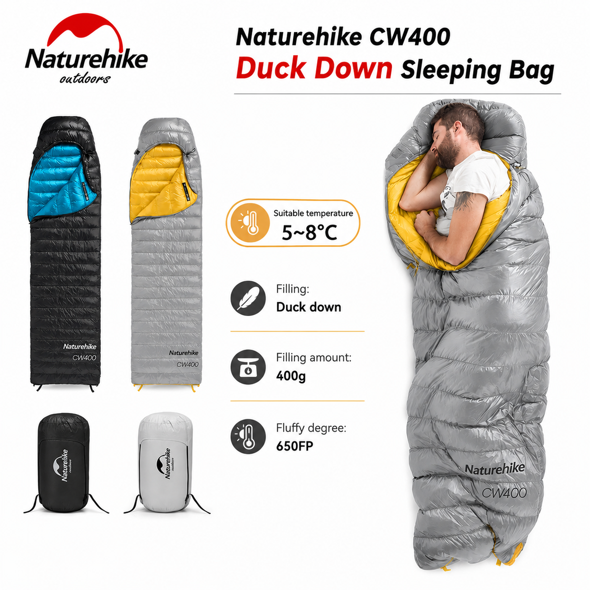 Naturehike CW400 Square Duck Down Winter Sleeping Bag L Grey