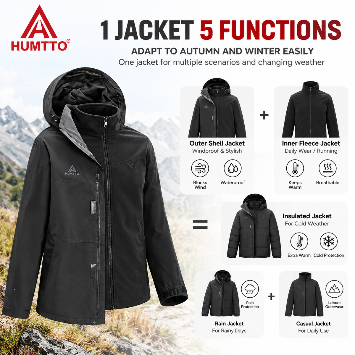 HUMTTO 3-in-1 Waterproof Windproof Outdoor Hardshell Jacket – 26C818