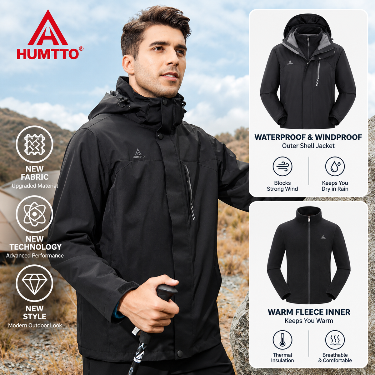 HUMTTO 3-in-1 Waterproof Windproof Outdoor Hardshell Jacket – 26C818