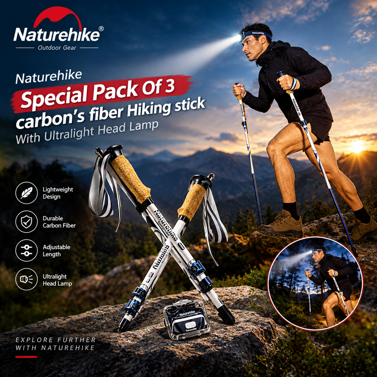 Naturehike Special Anniversary Edition Ultralight Trekking Pole Set with Headlamp