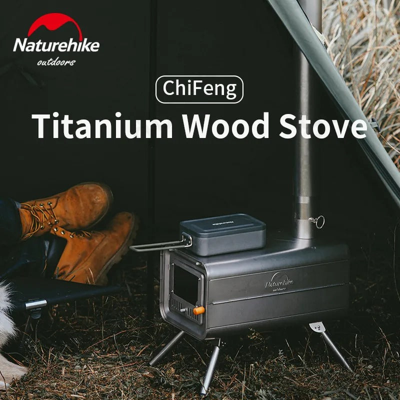 Naturehike ChiFeng Titanium Wood Stove with hiking boots and camping chair in outdoor setting