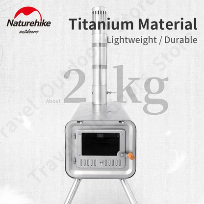 Portable stove with titanium material, lightweight, and durable features on a white background.