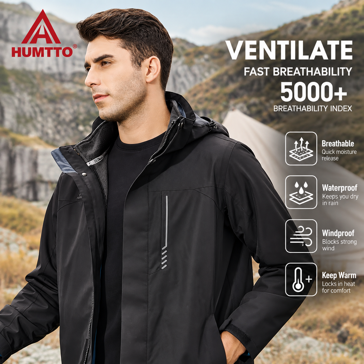 HUMTTO 3-in-1 Waterproof Windproof Outdoor Hardshell Jacket – 26C818