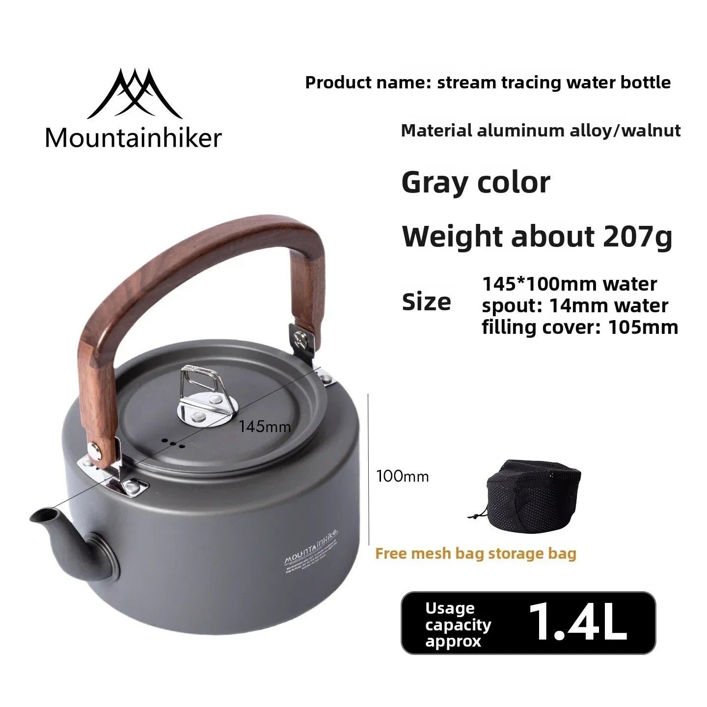 MOUNTAINHIKER  Wooden Handle Portable Outdoor Kettle 1.4L