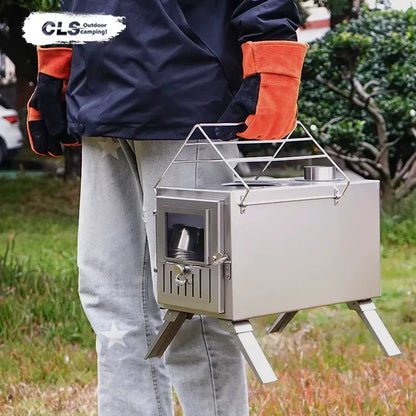 Person holding a portable camping stove outdoors
