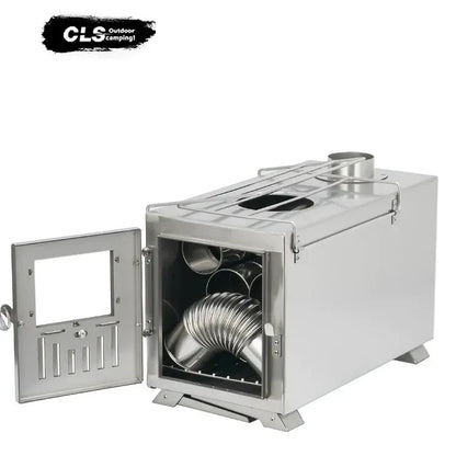 Stainless steel duct system with open door on a white background, featuring the CLS logo.