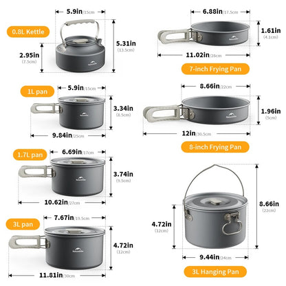 Measurement chart of camping cookware including kettles, frying pans, and pots with dimensions.