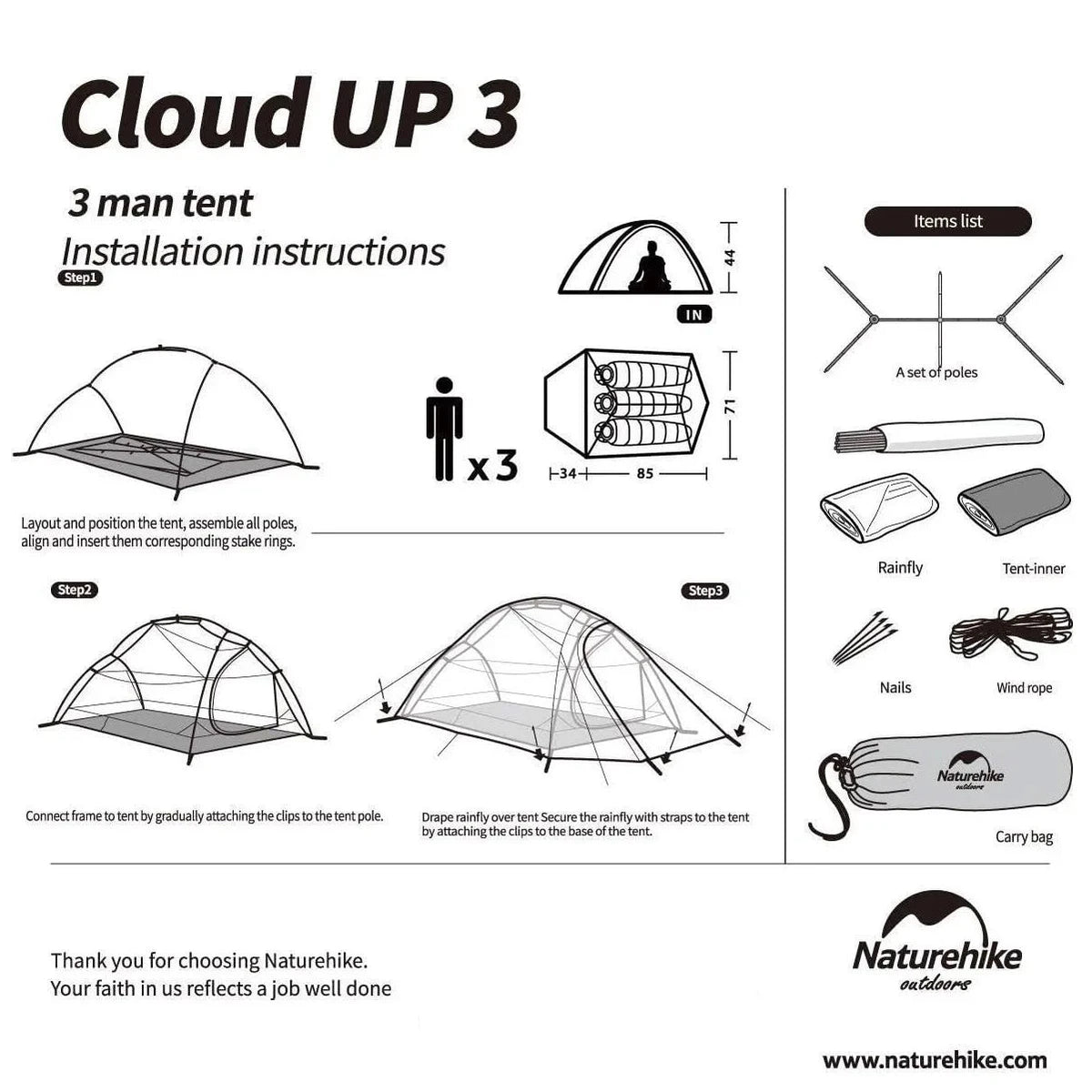 Naturehike Cloud Up 3 Lightweight Backpacking Tent Green