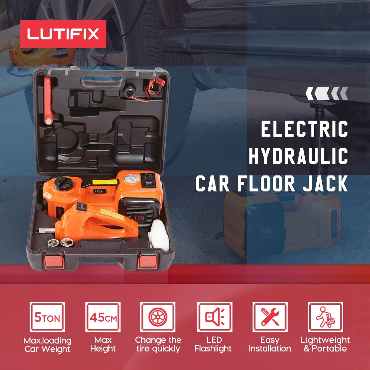 Portable Hydraulic Car Jack With Air Compressor & Tire Wrench