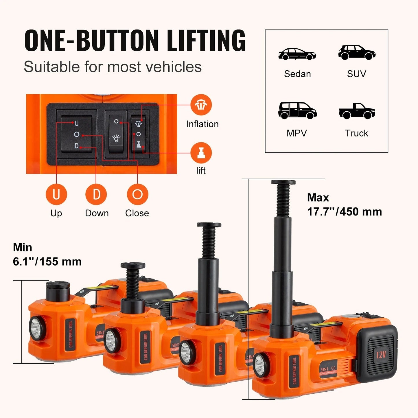 Portable Hydraulic Car Jack With Air Compressor & Tire Wrench