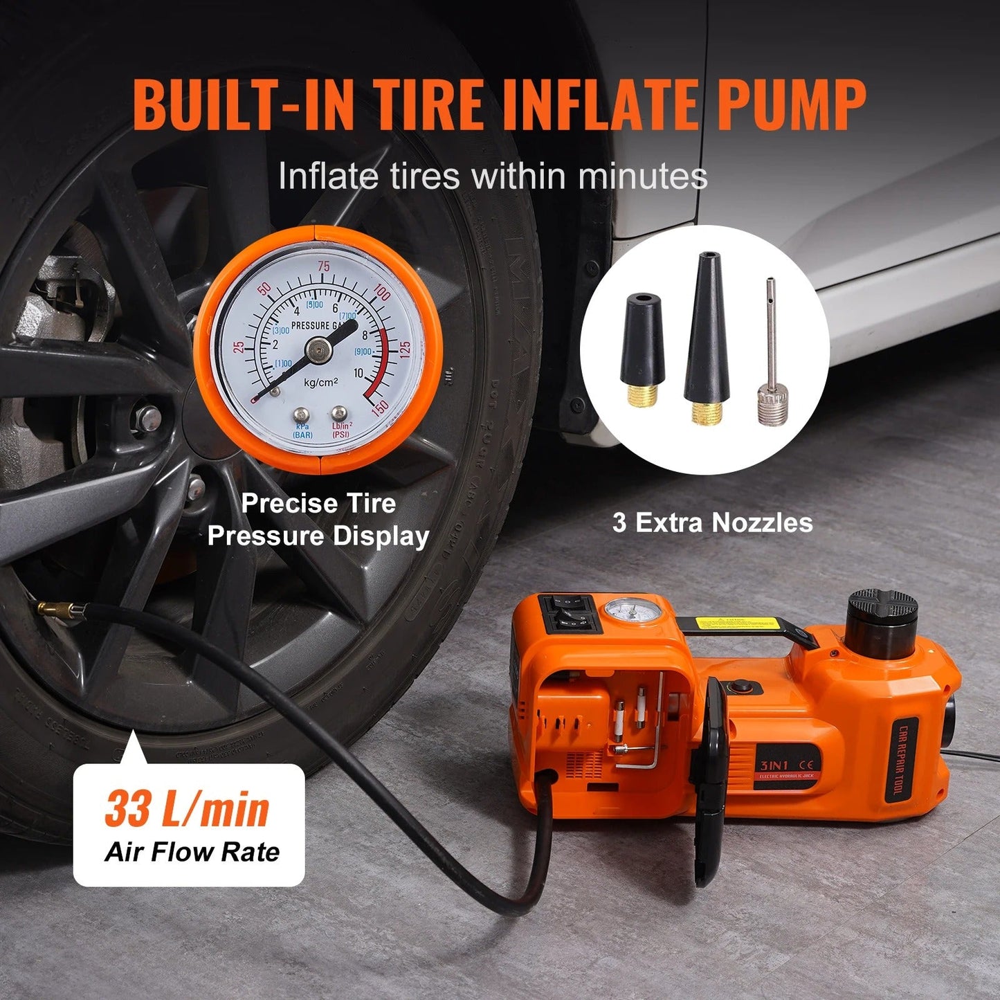 Portable Hydraulic Car Jack With Air Compressor & Tire Wrench