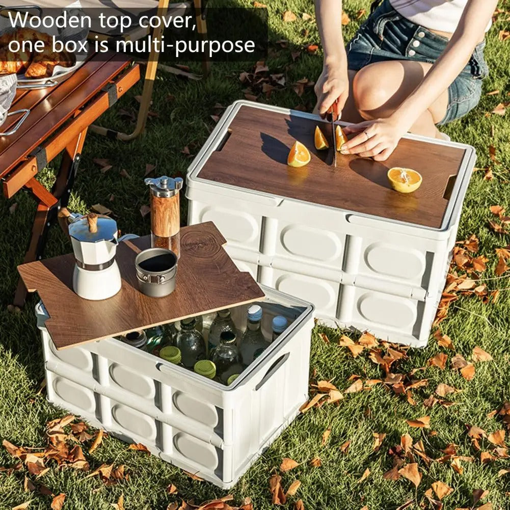 Outdoor Camping Folding Box With Wooden Lid 56L