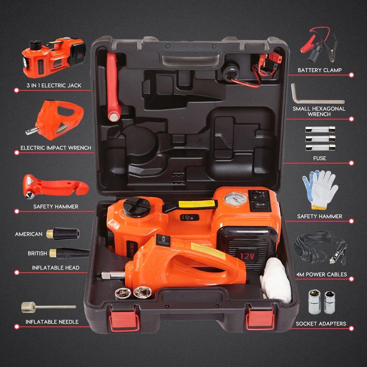 Portable Hydraulic Car Jack With Air Compressor & Tire Wrench